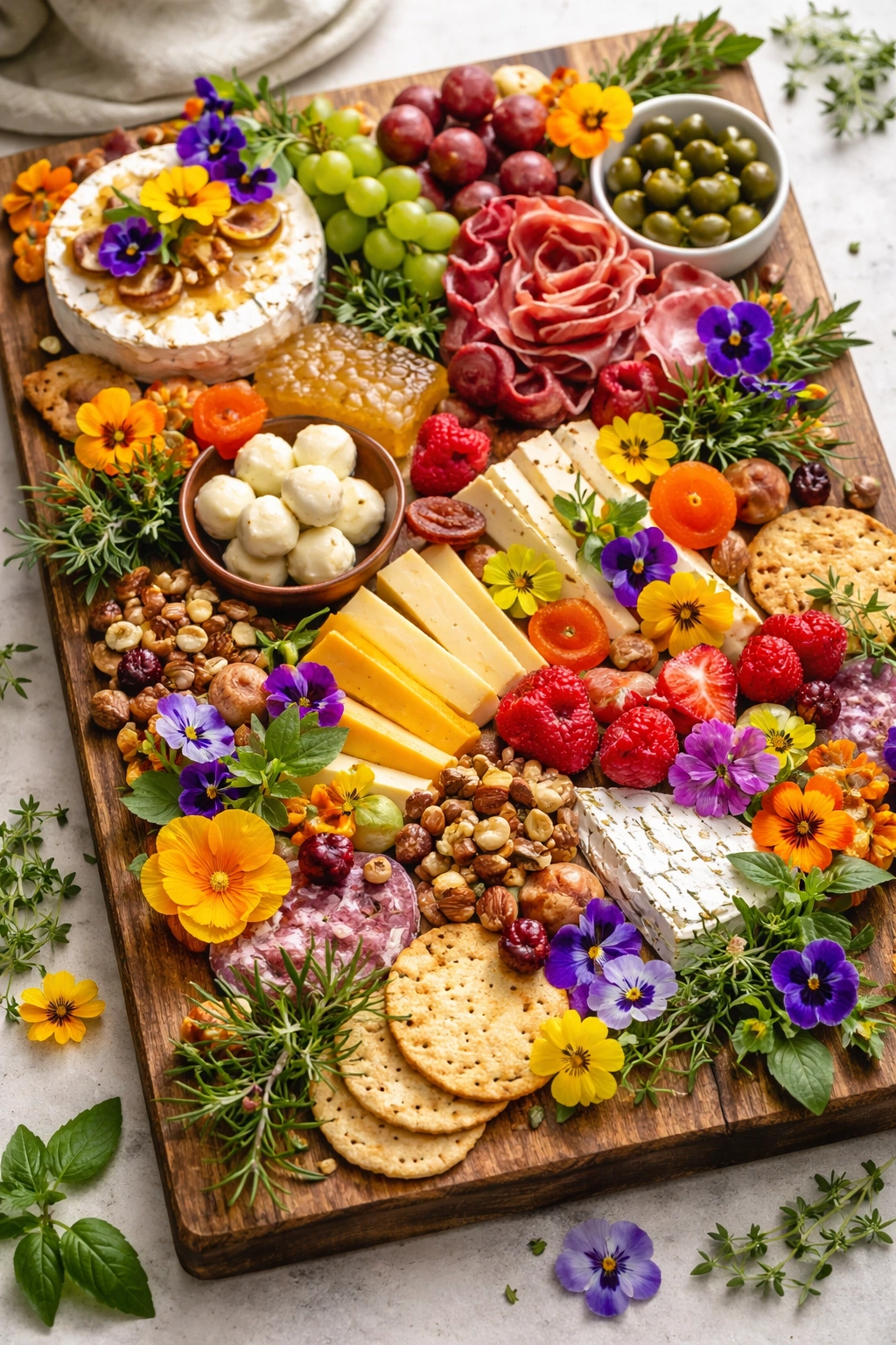 Grazing board with edible flowers and fresh herbs as garnish