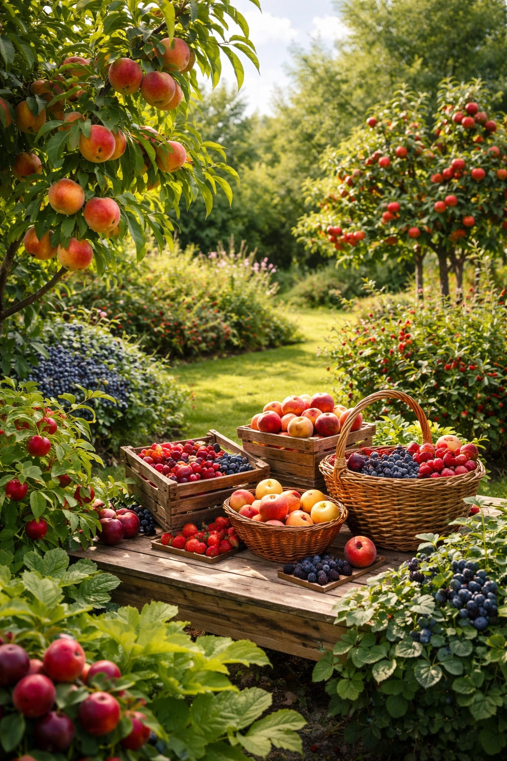 Backyard orchard with diverse fruit trees and bushes showing abundance in daylight.