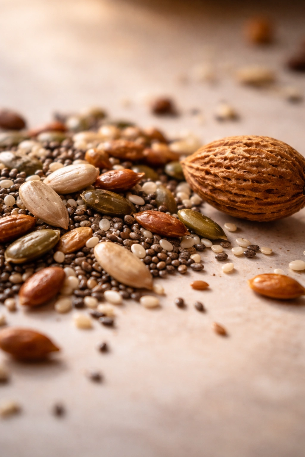 Close-up of mixed edible seeds with a stone fruit pit nearby