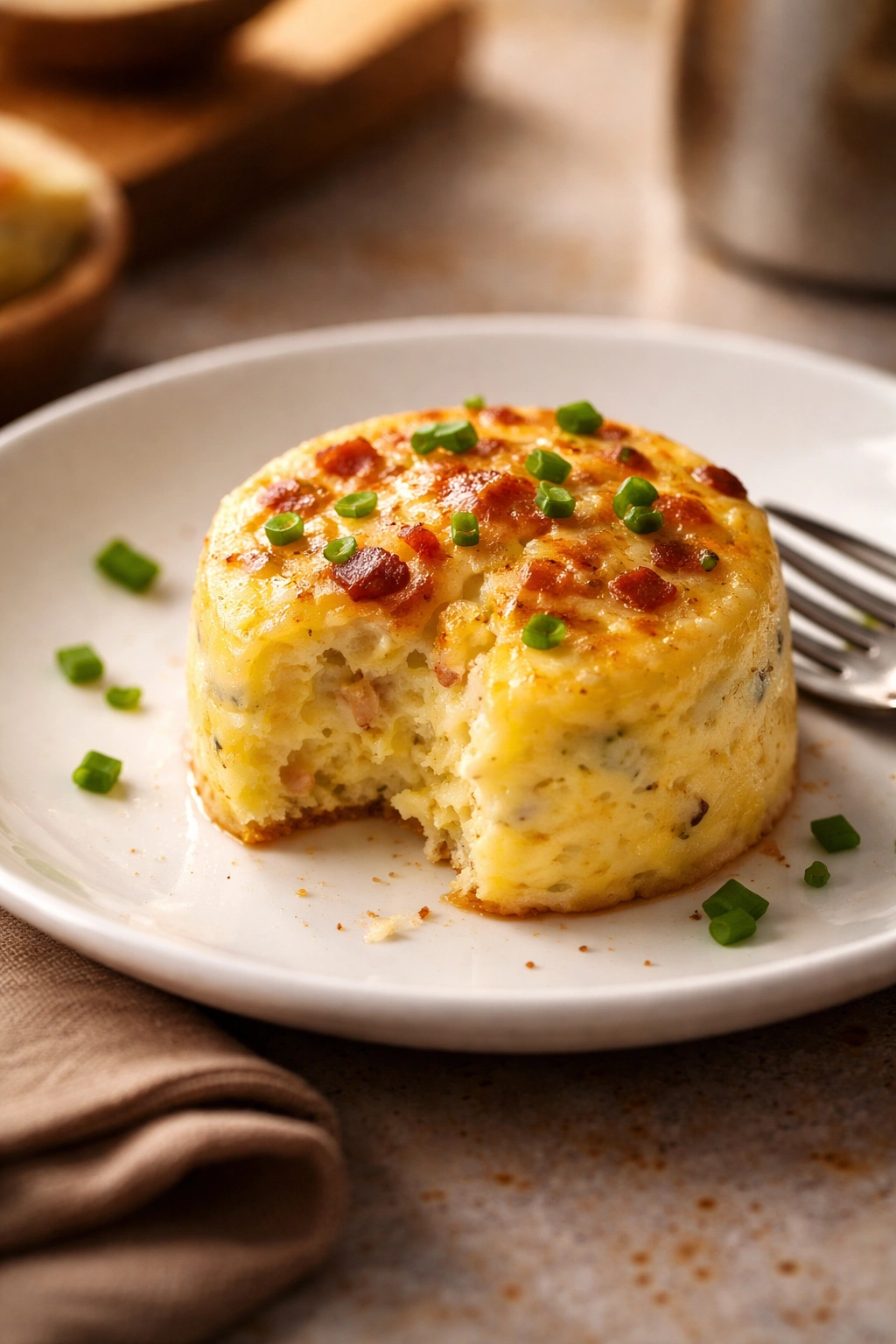 Single egg bite on plain plate ready to serve or reheat