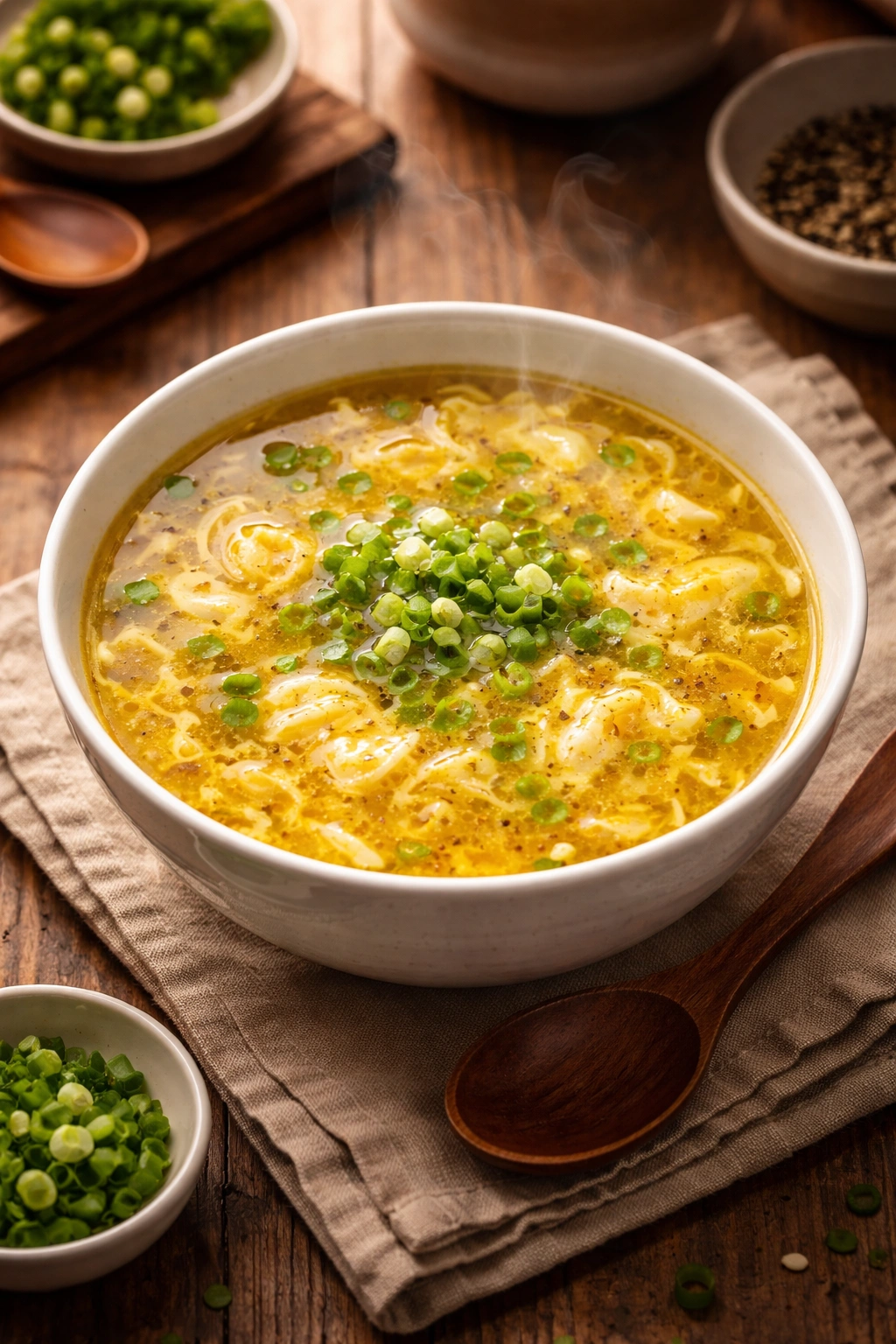 Steaming egg drop soup in a warm cozy setting