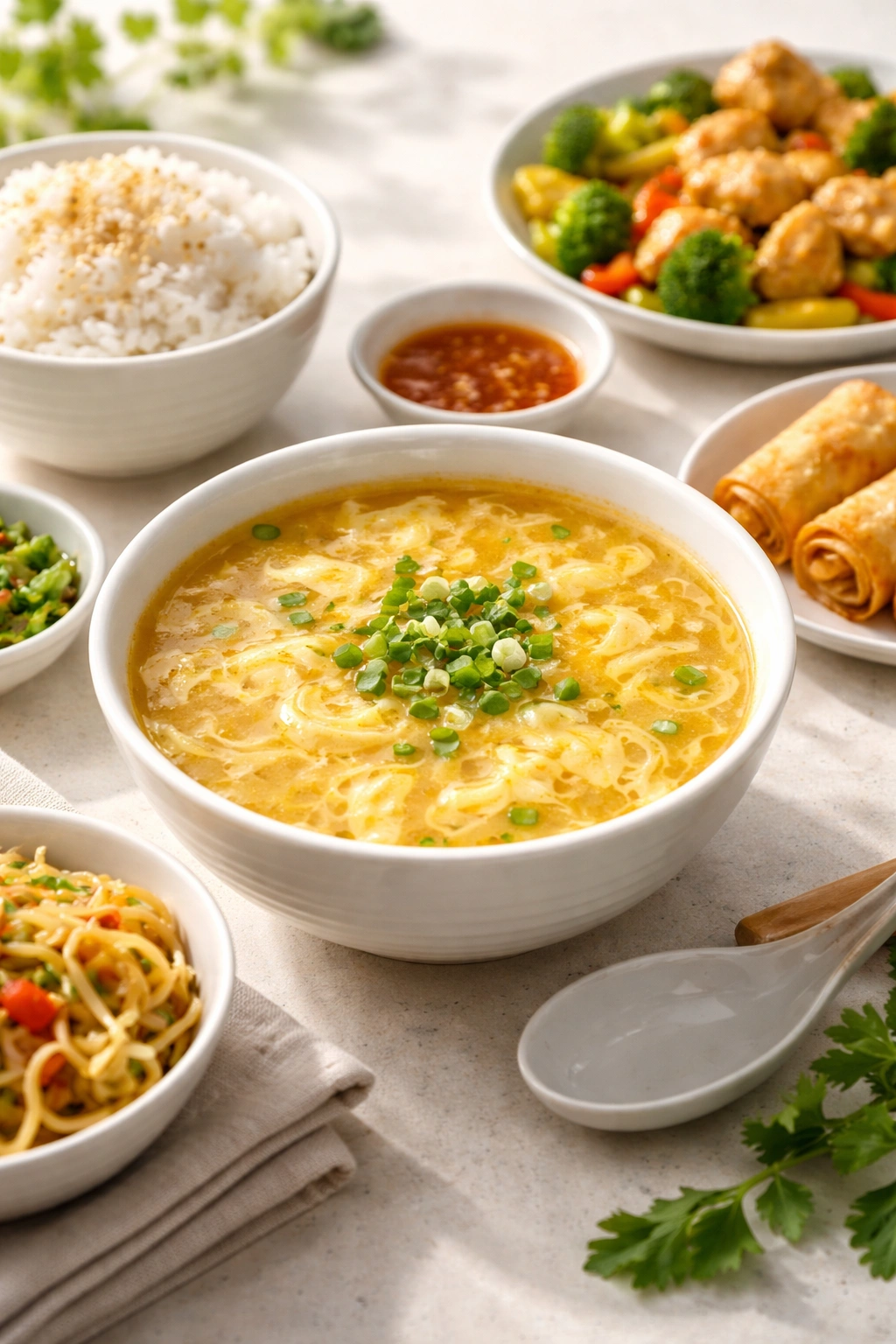 Egg drop soup centerpiece with accompanying bowls suggesting pairings on a clean surface