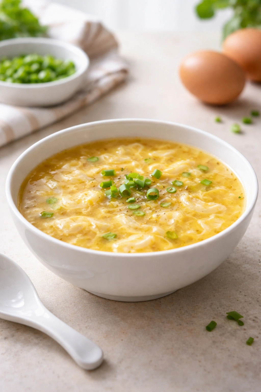 Close-up of egg drop soup with golden broth and egg ribbons in a white bowl