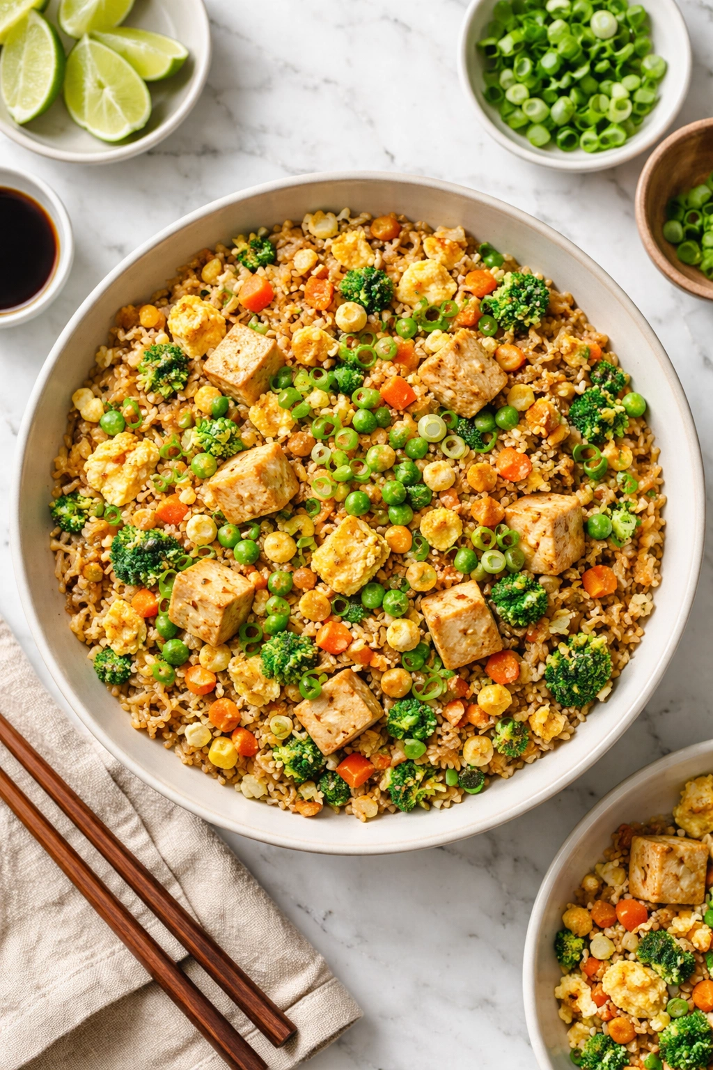 Vibrant egg fried rice with tofu and mixed vegetables in a bowl