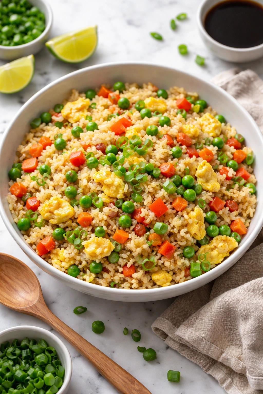 Bowl of glossy fried rice with eggs and colorful vegetables