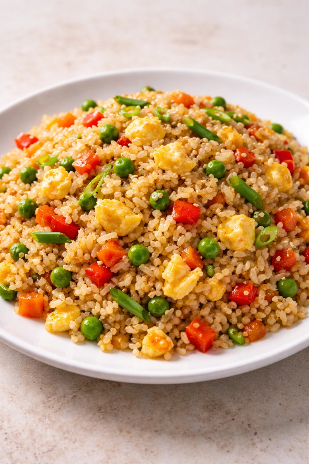Close-up plate of egg fried rice with vegetables