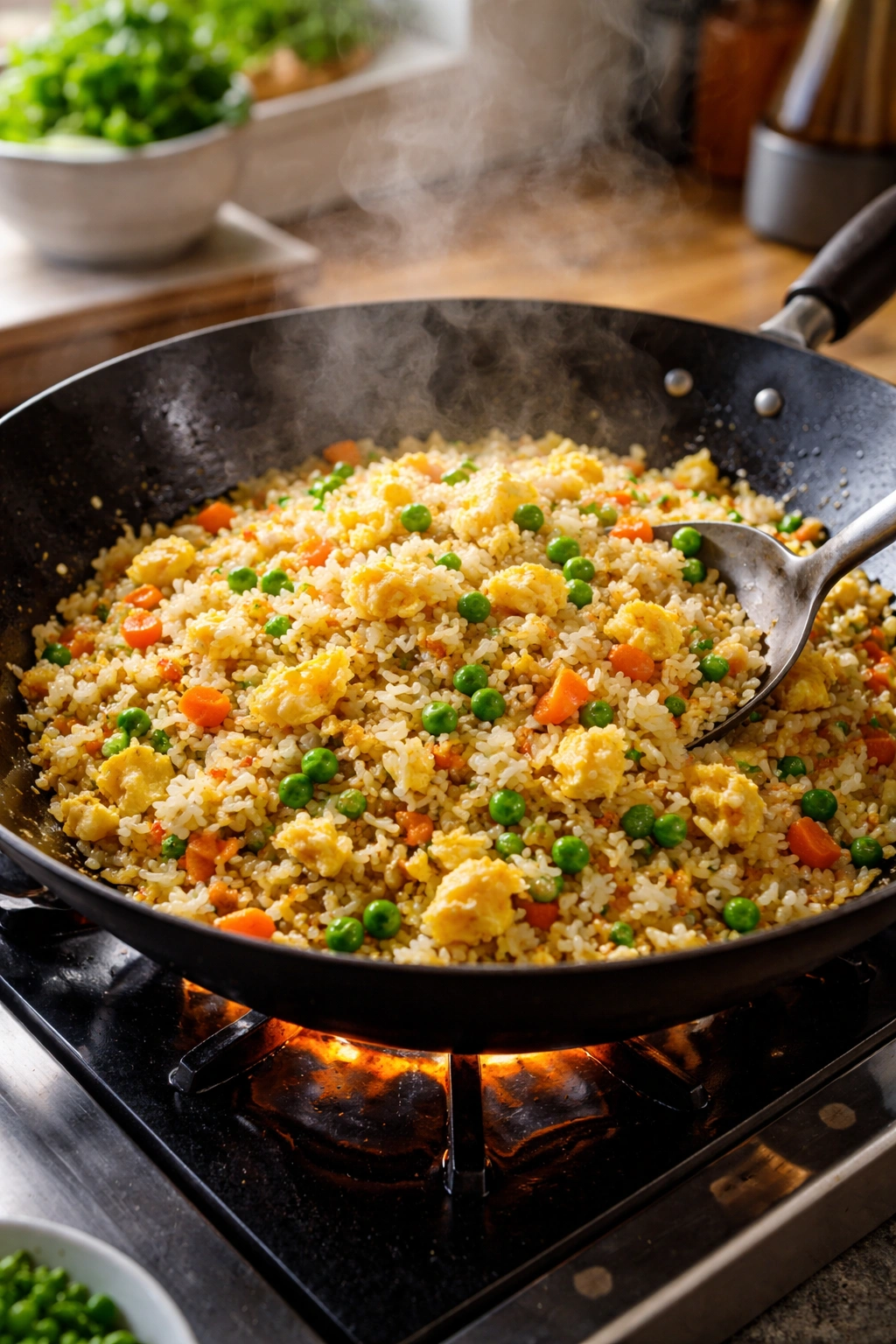 Wok of egg fried rice with scrambled eggs and aromatics