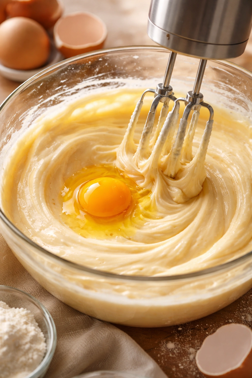Batter with egg being incorporated into pale emulsion in a mixing bowl