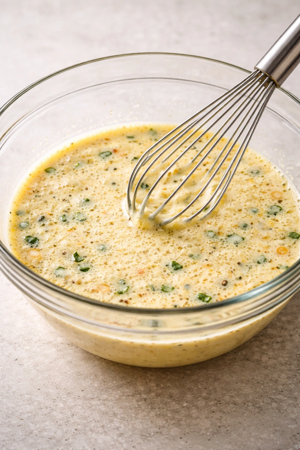 Mixing bowl with frothy eggs and milk ready for muffin cups