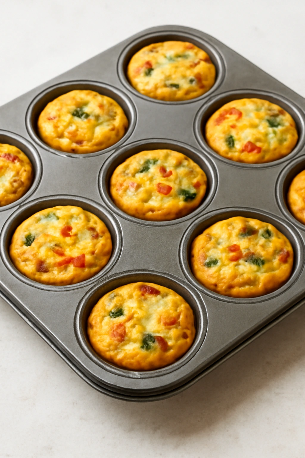 Row of egg muffin cups in a muffin tin