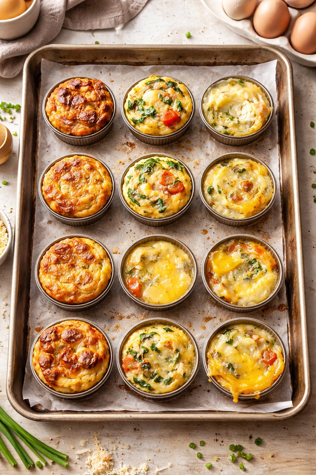 Close-up of egg muffin cups with rubbery and undercooked textures on a baking sheet