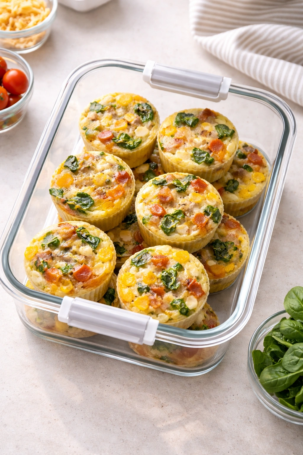Egg muffin cups stored in a glass airtight container on a counter