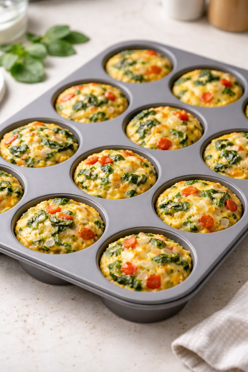 Close-up of egg muffin cups with vegetables in tin cups.