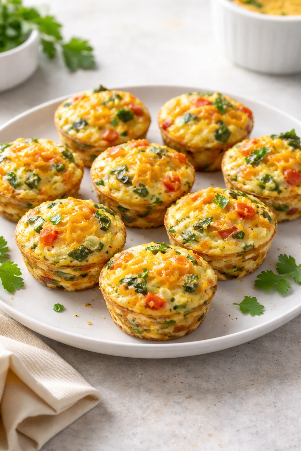 Baked egg muffins with vegetables and cheese on a plate