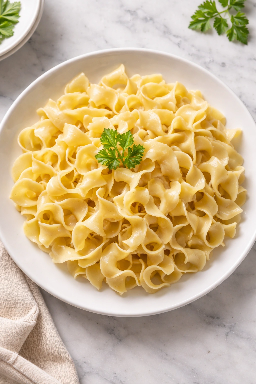 Noodles plated with parsley garnish ready to serve