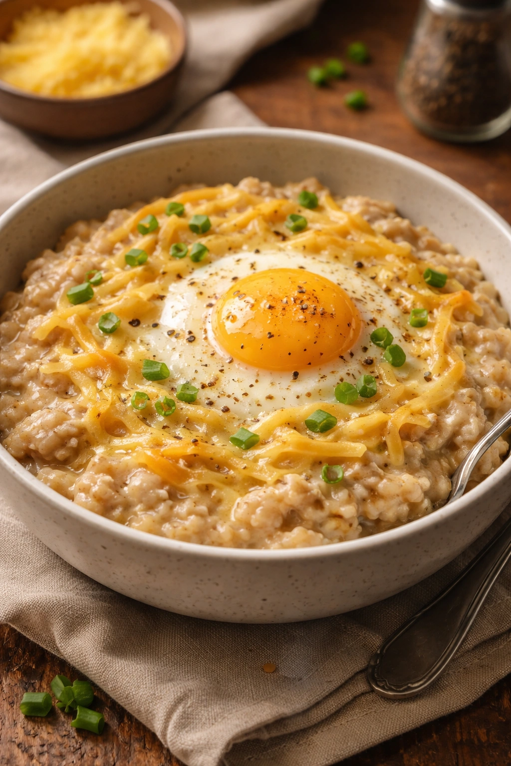 Oatmeal bowl with egg and melted cheese topping