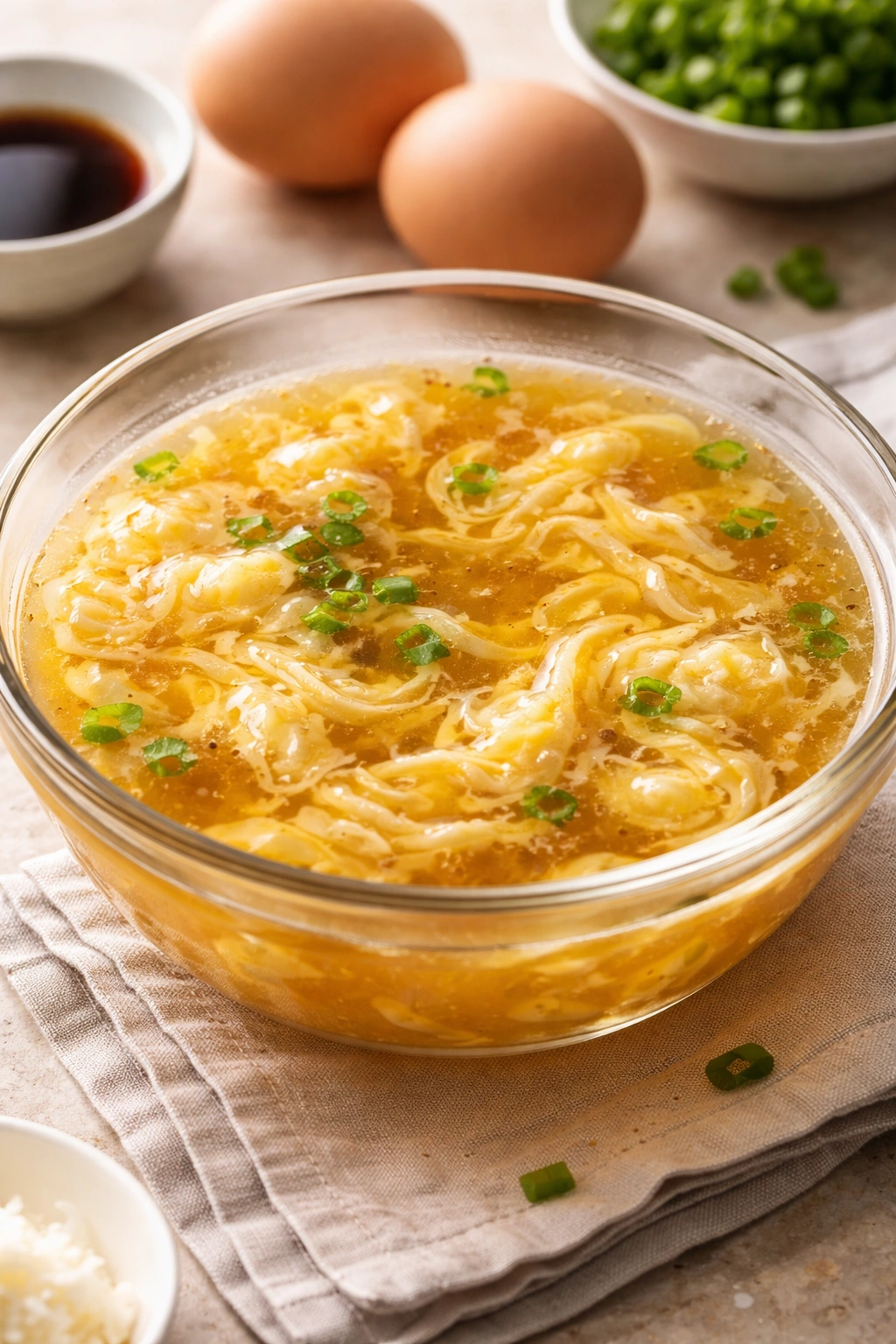 Egg ribbons swirling in golden broth in a glass bowl
