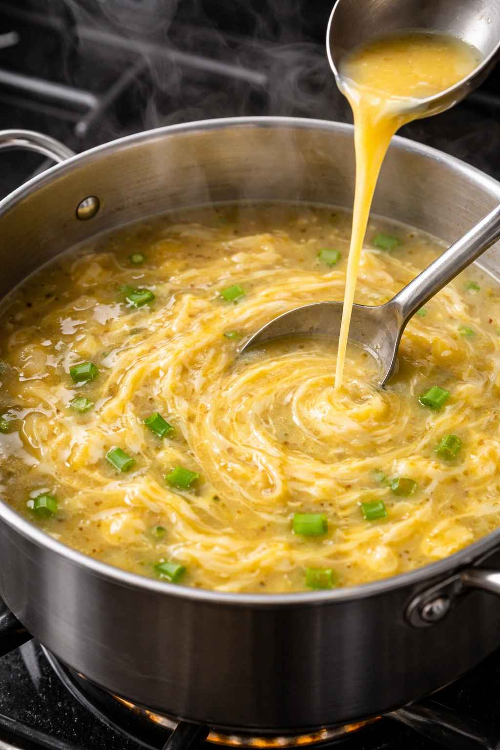 Broth with delicate egg ribbons forming in a simmering pot