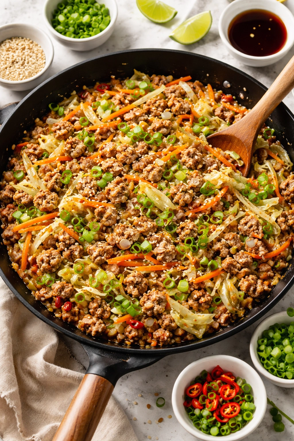 Ground pork with cabbage in a skillet resembling egg roll in a bowl