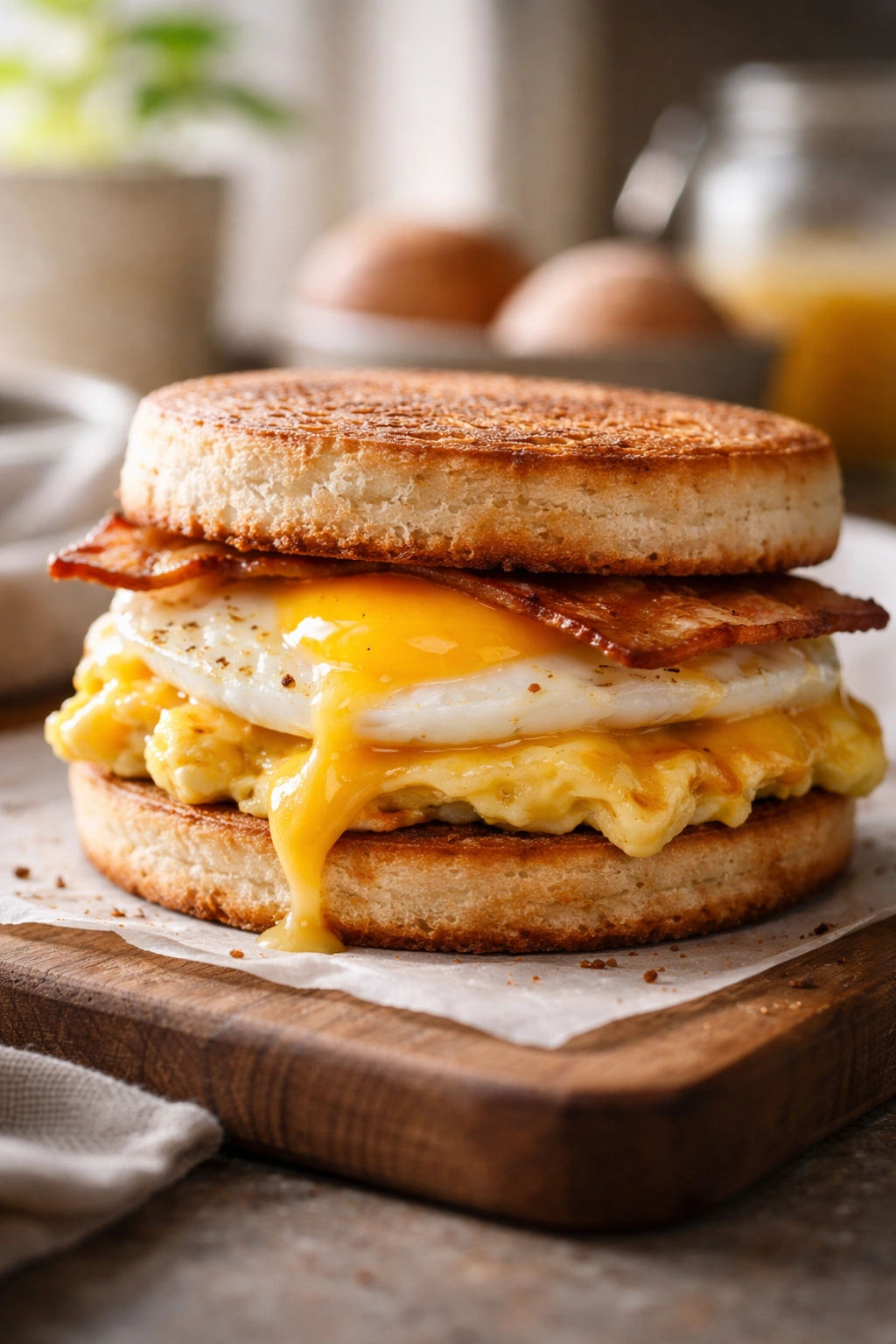 Close-up of a ready egg sandwich on a plate with toasted bread.