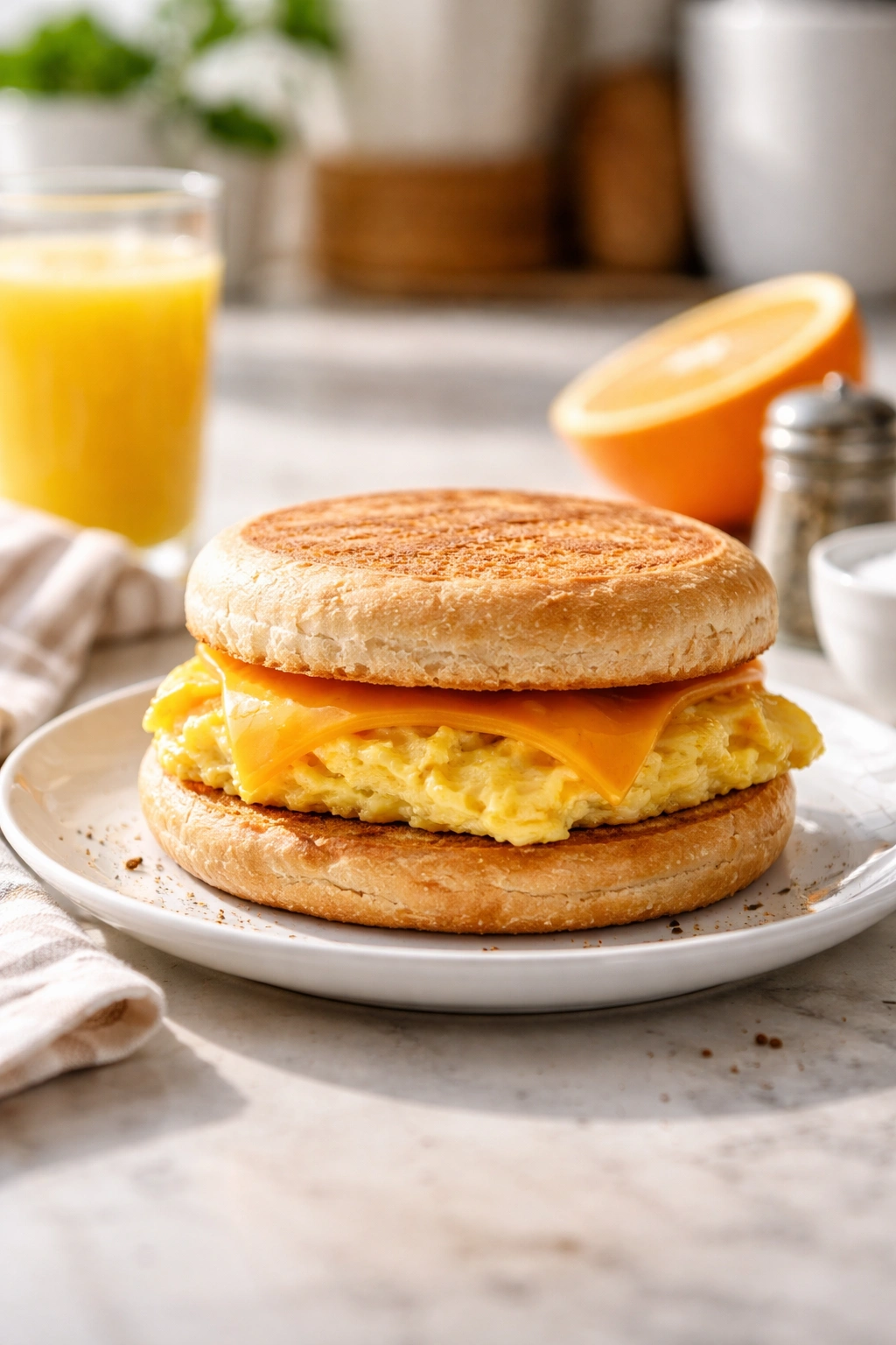 Freshly assembled egg sandwich on a plate with cheese and egg layer visible.