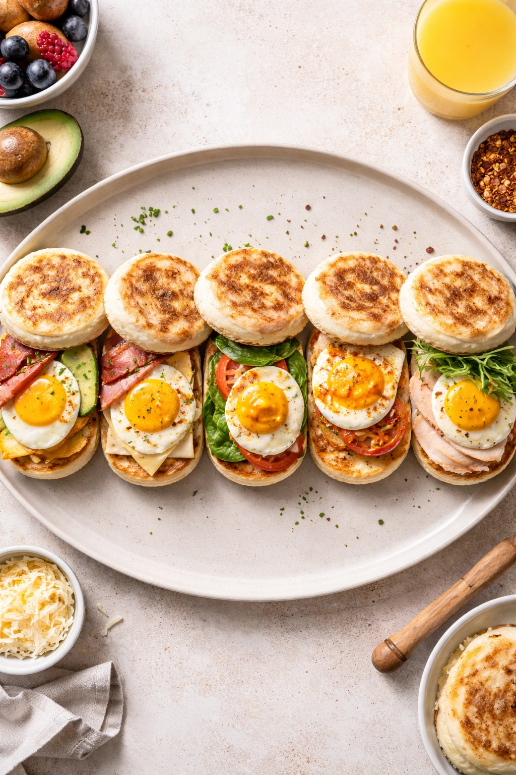 Row of five egg sandwiches showing different toppings.