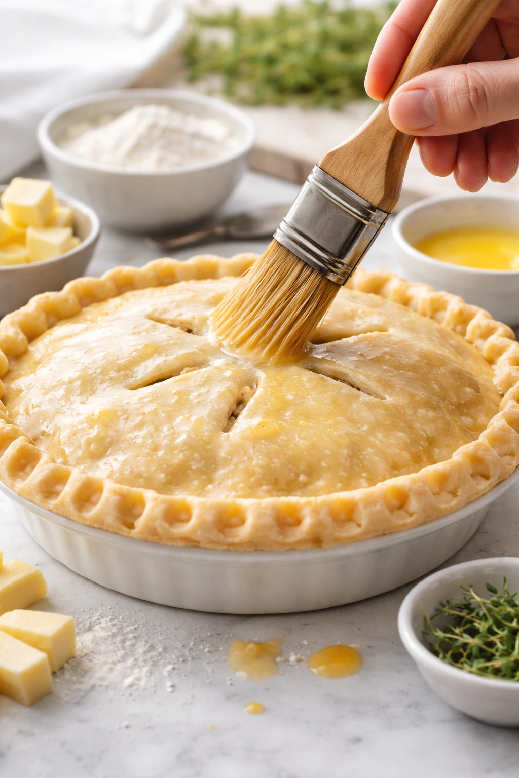 Pastry brush applying egg wash to crust