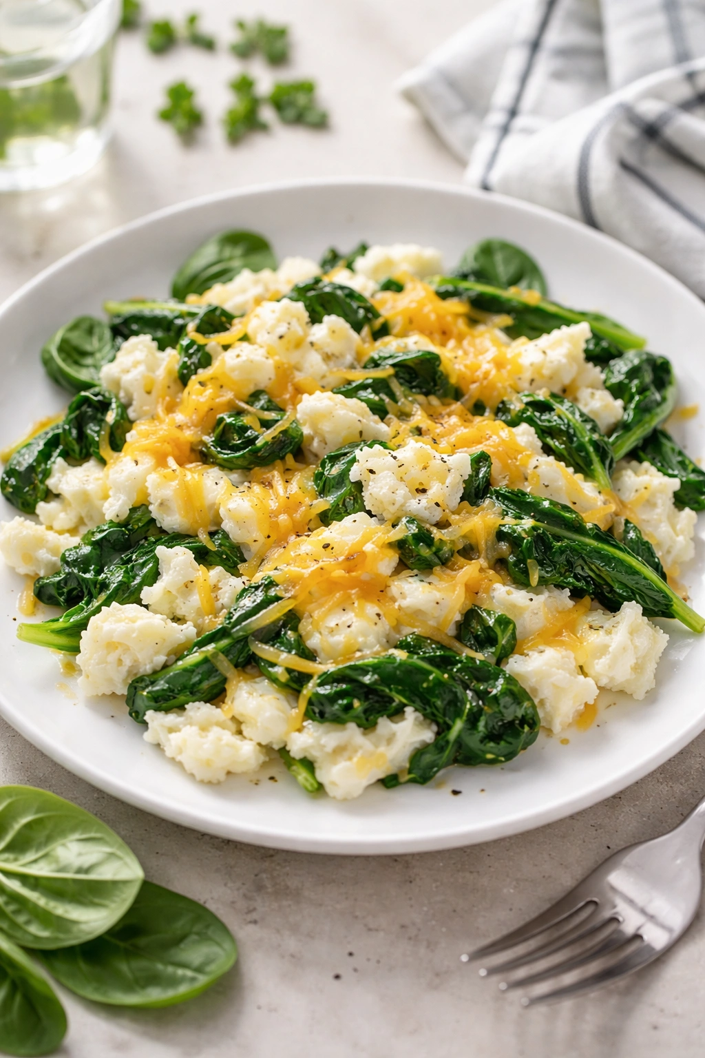 Egg white scramble with spinach and cheese on a plate