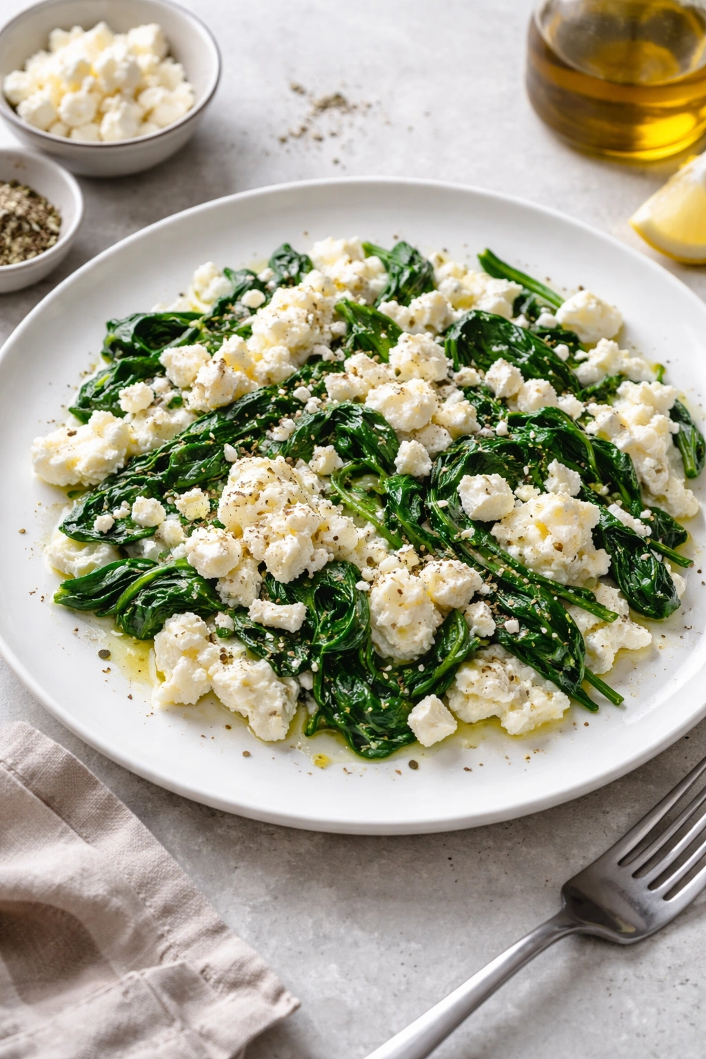 Fluffy egg whites with spinach and feta on a plate