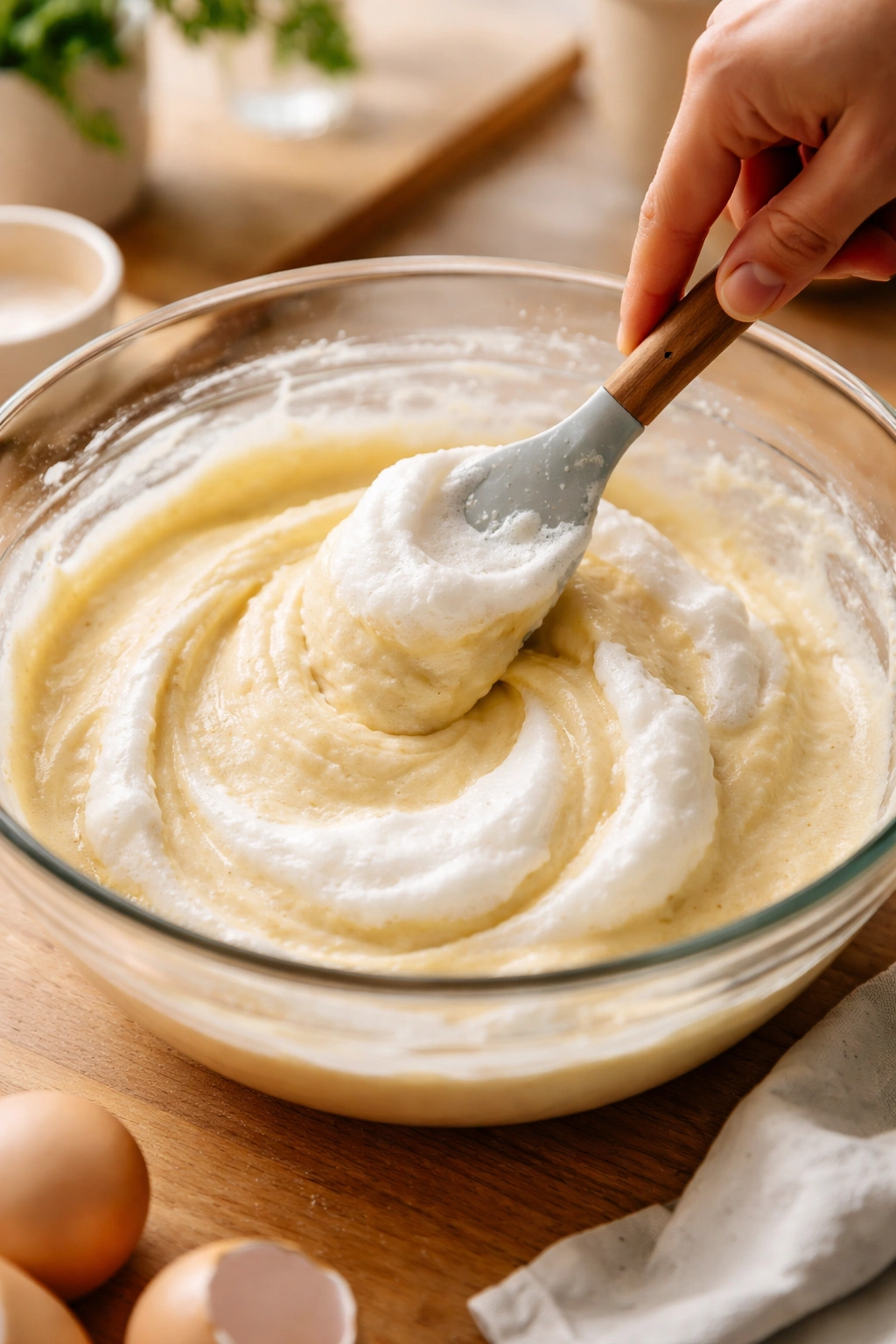 Bowl of thick batter with white foam streaks being gently folded in