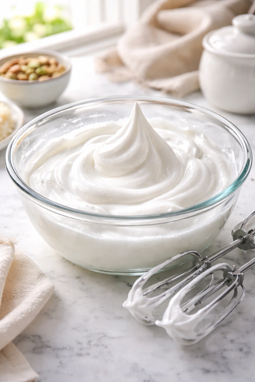 Stiff whipped egg whites in a glass bowl with beaters nearby