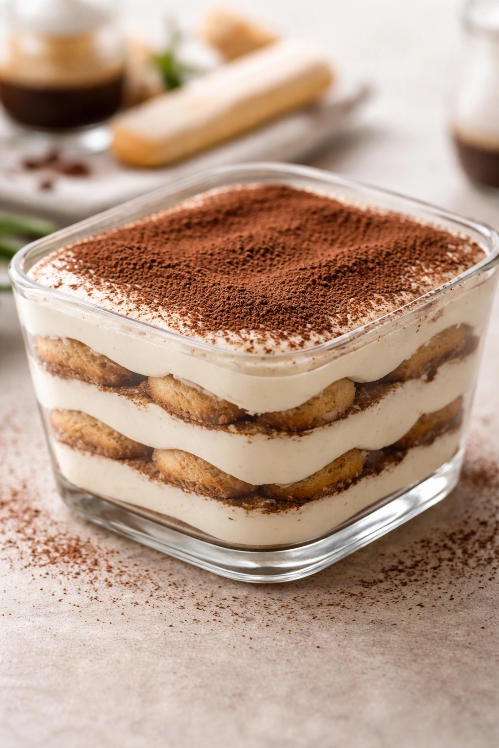 Eggless tiramisu in glass dish with mascarpone layers and cocoa dusting.