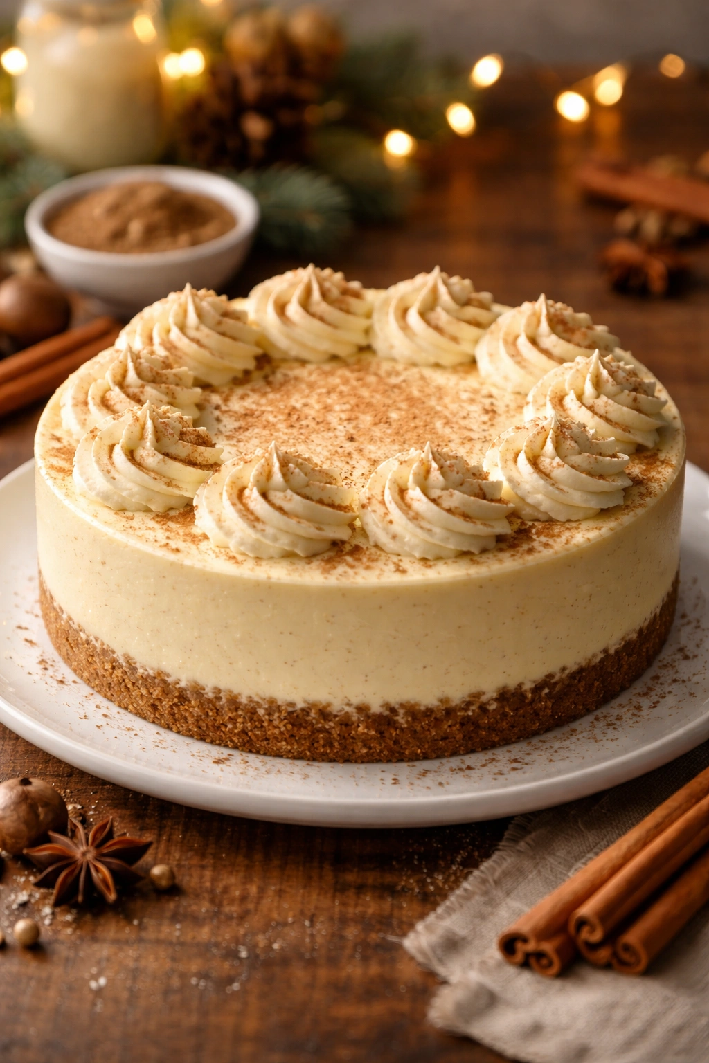 Eggnog-spiced cheesecake on a plain plate