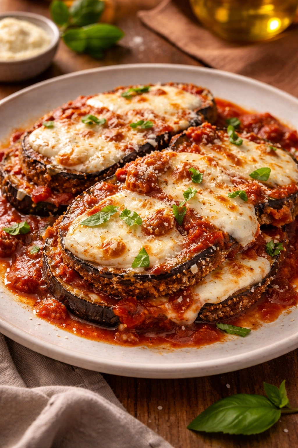 Eggplant parmesan slices with melted mozzarella
