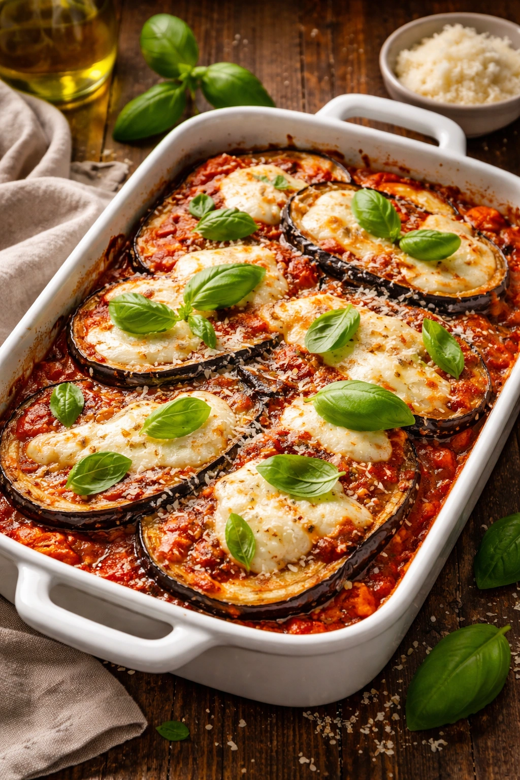 Roasted eggplant parmesan with mozzarella and basil in a baking dish.