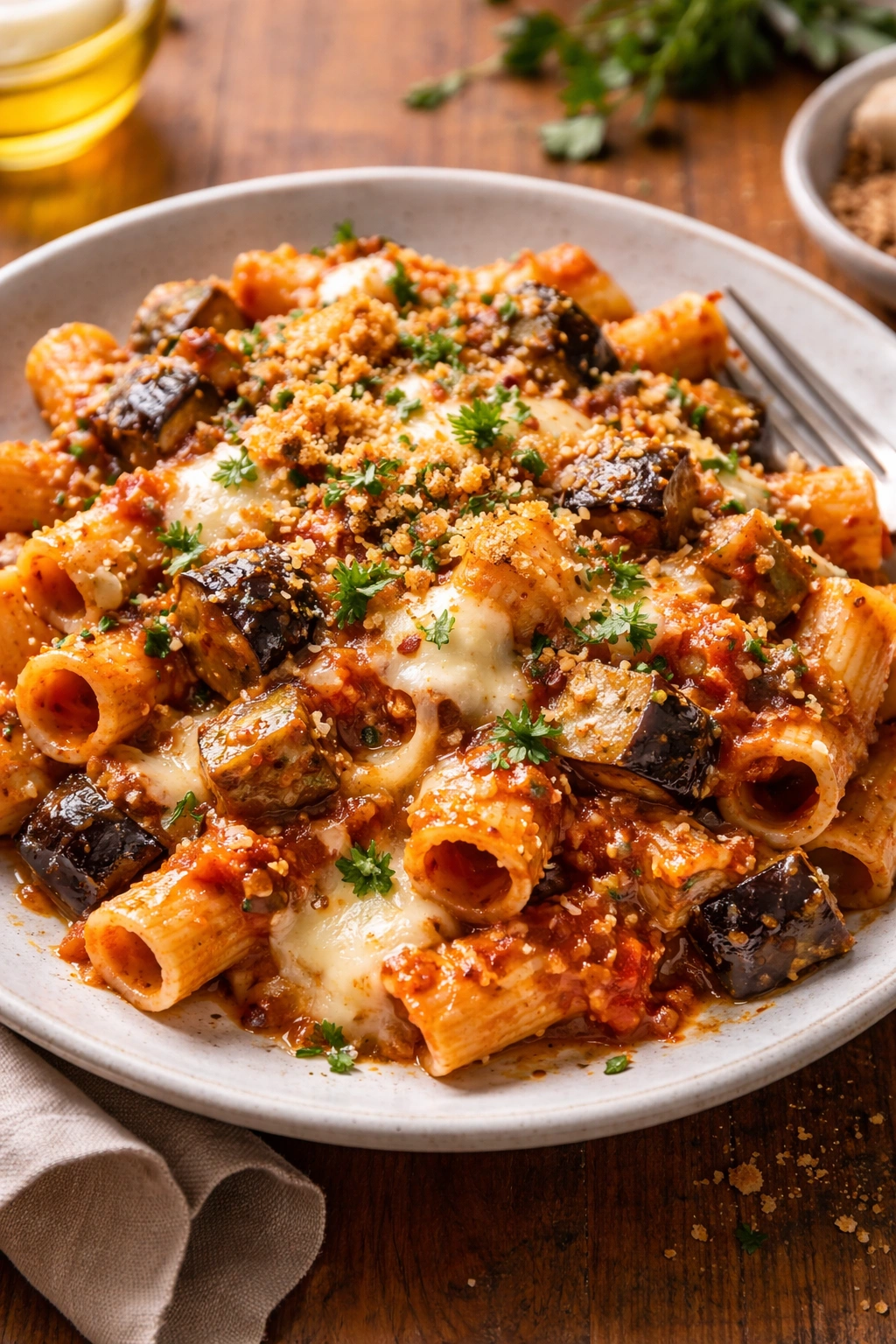 Close-up of eggplant parmesan pasta on a rustic plate with mozzarella and breadcrumbs