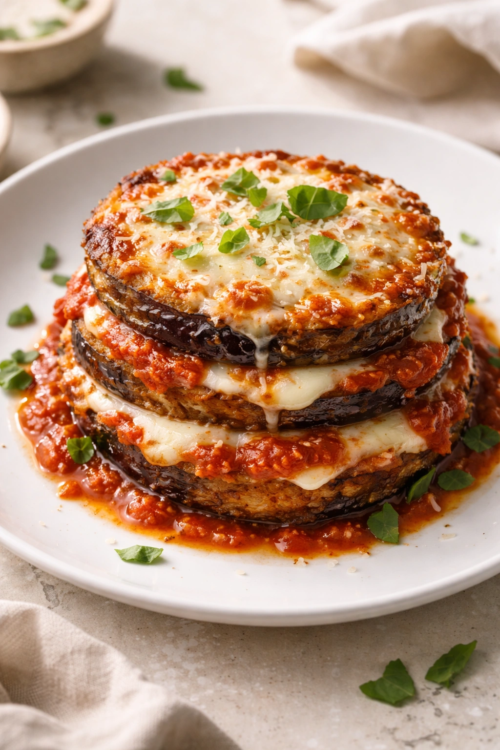 Layered eggplant parmesan slices with cheese