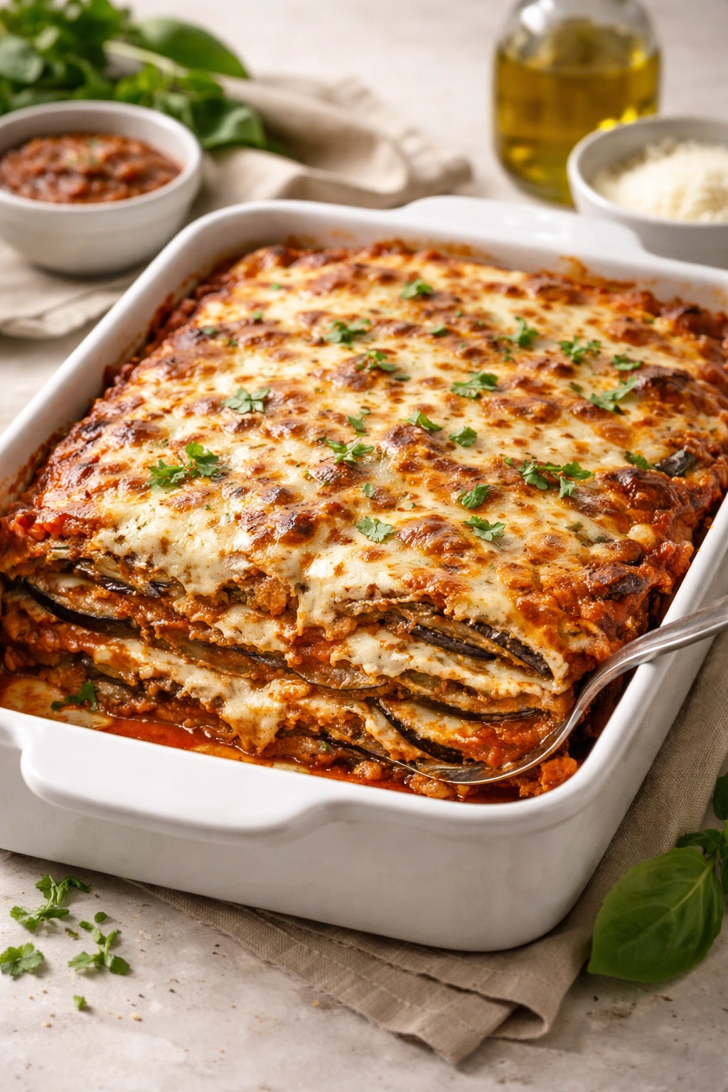 Layered eggplant parmigiana lasagna in baking dish