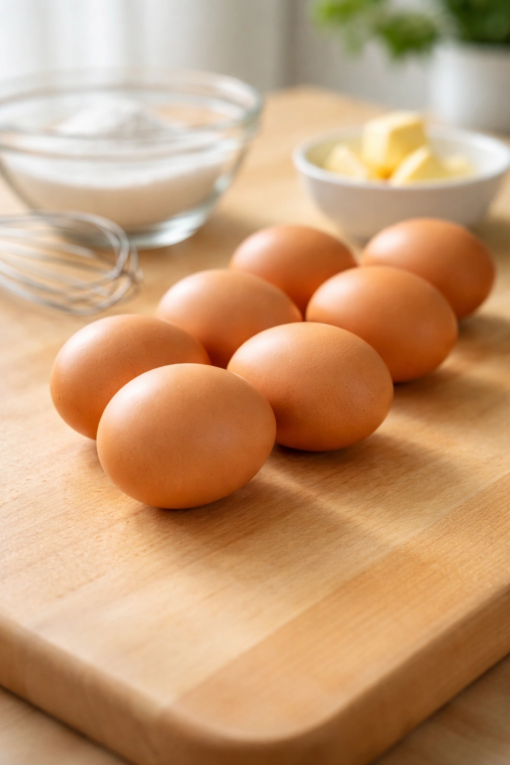 Close-up of fresh eggs on a light wooden counter with natural light
