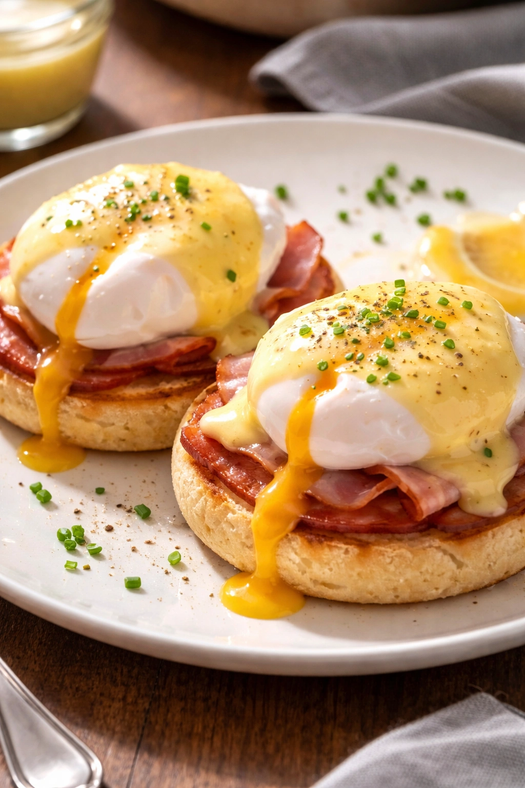 Two poached eggs on English muffins with ham and hollandaise on a white plate