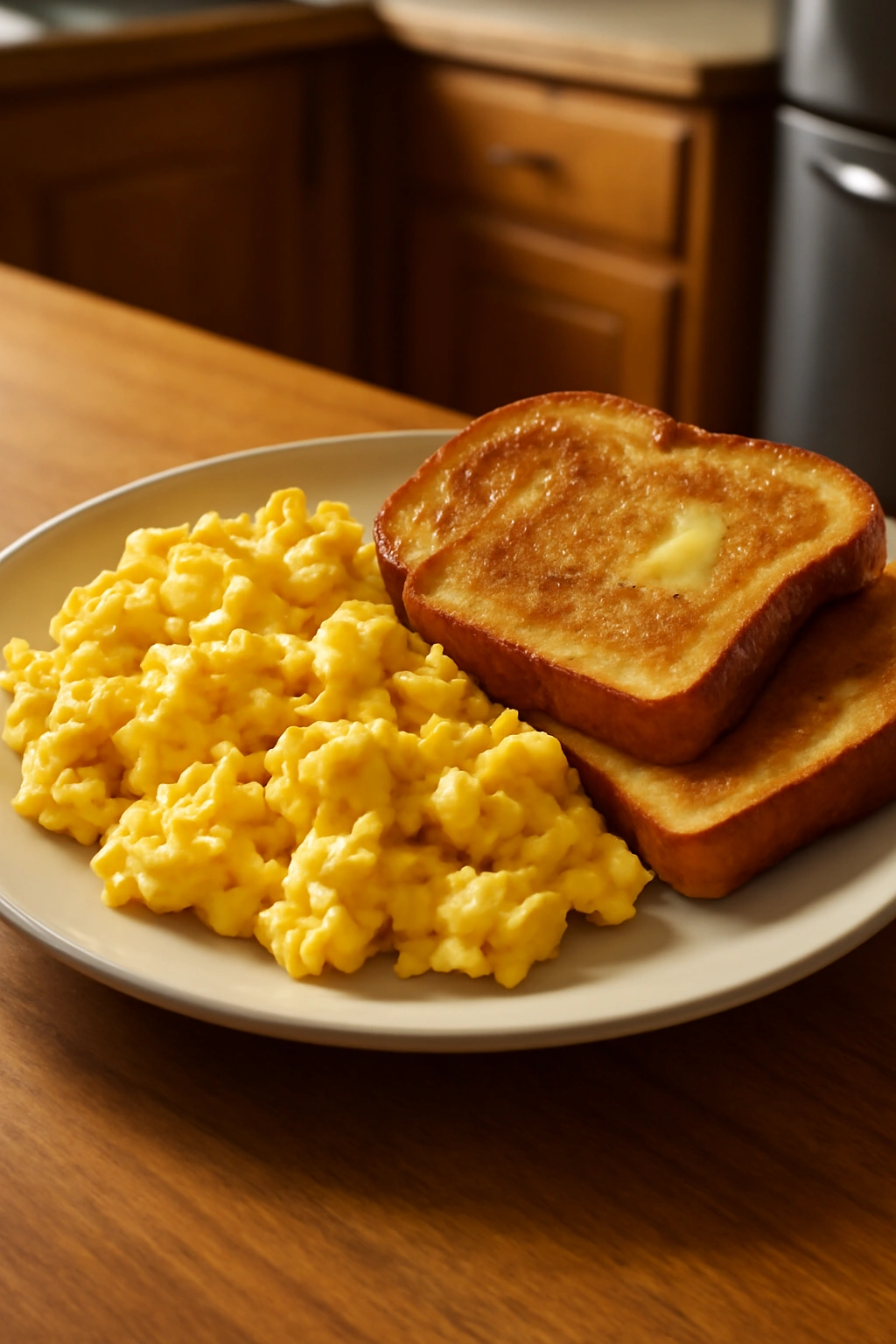 Scrambled eggs with toast for dinner in a cozy kitchen.