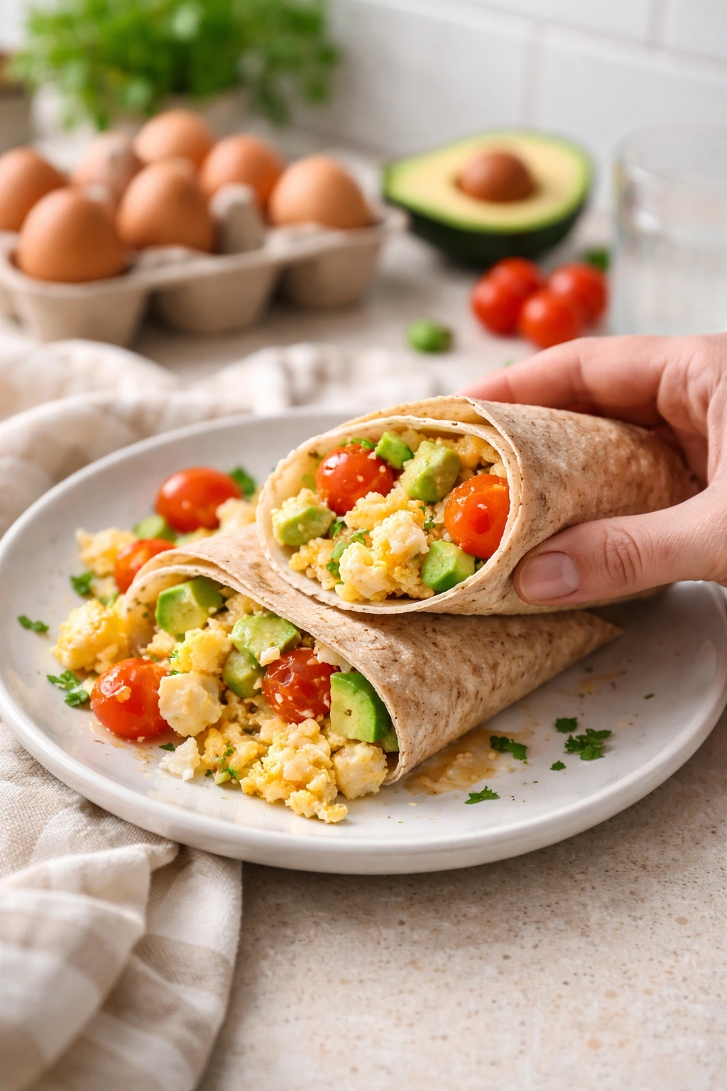 Plate of egg-based dish with hand lifting a piece for one-handed eating