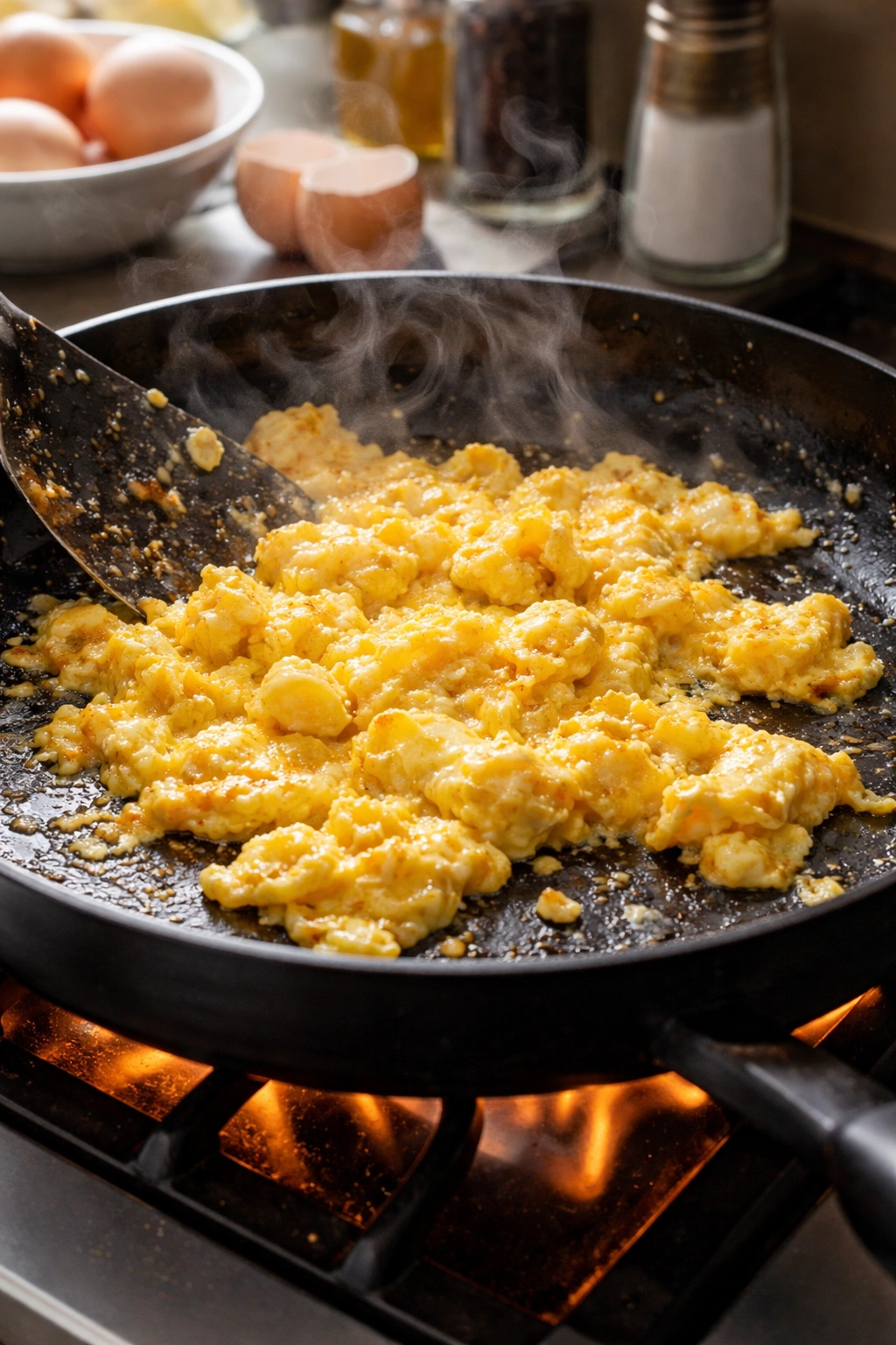 Pan of eggs cooking to illustrate common mistakes