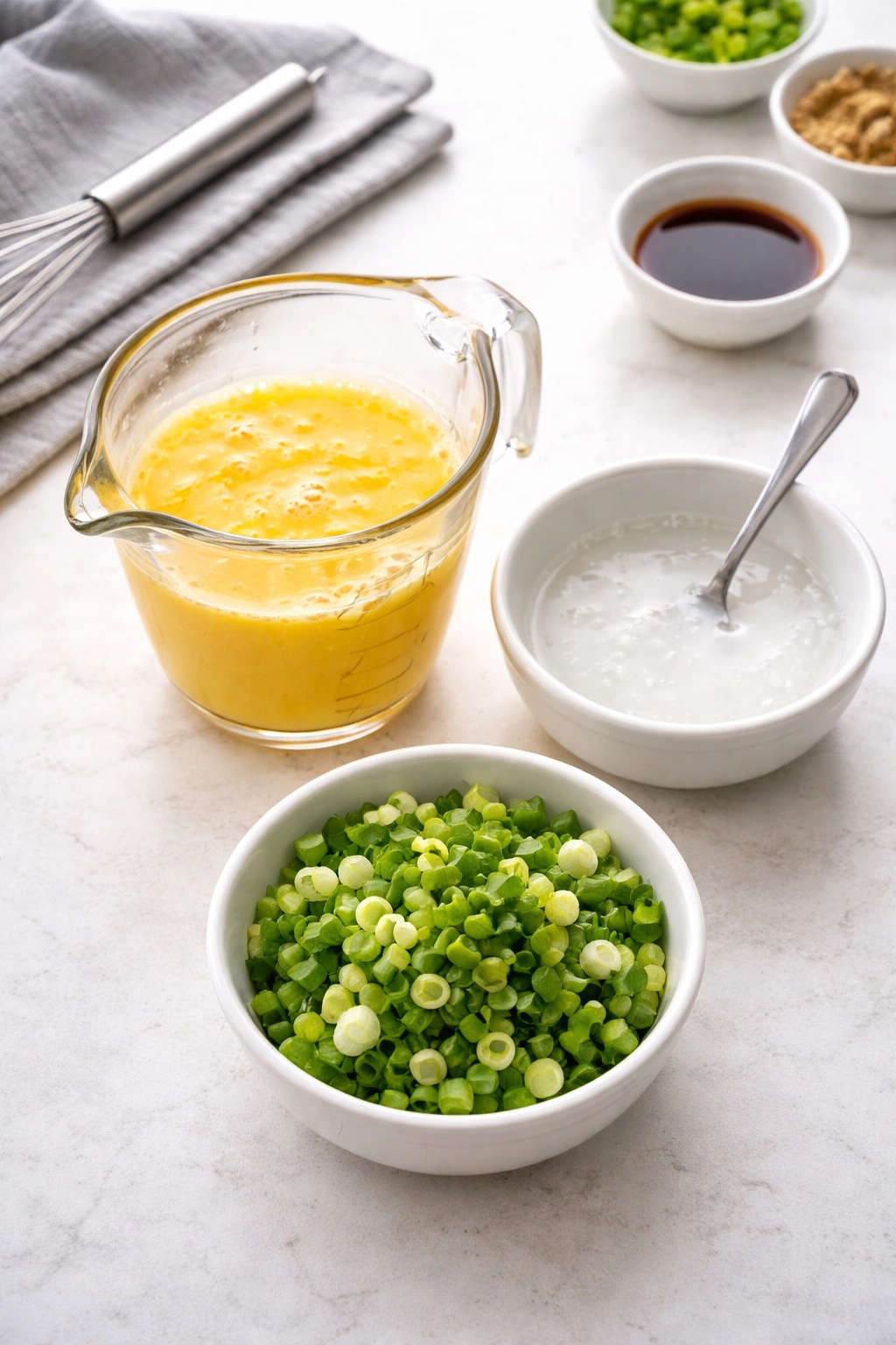 Prep station with beaten eggs, cornstarch slurry, and chopped green onions on a clean counter