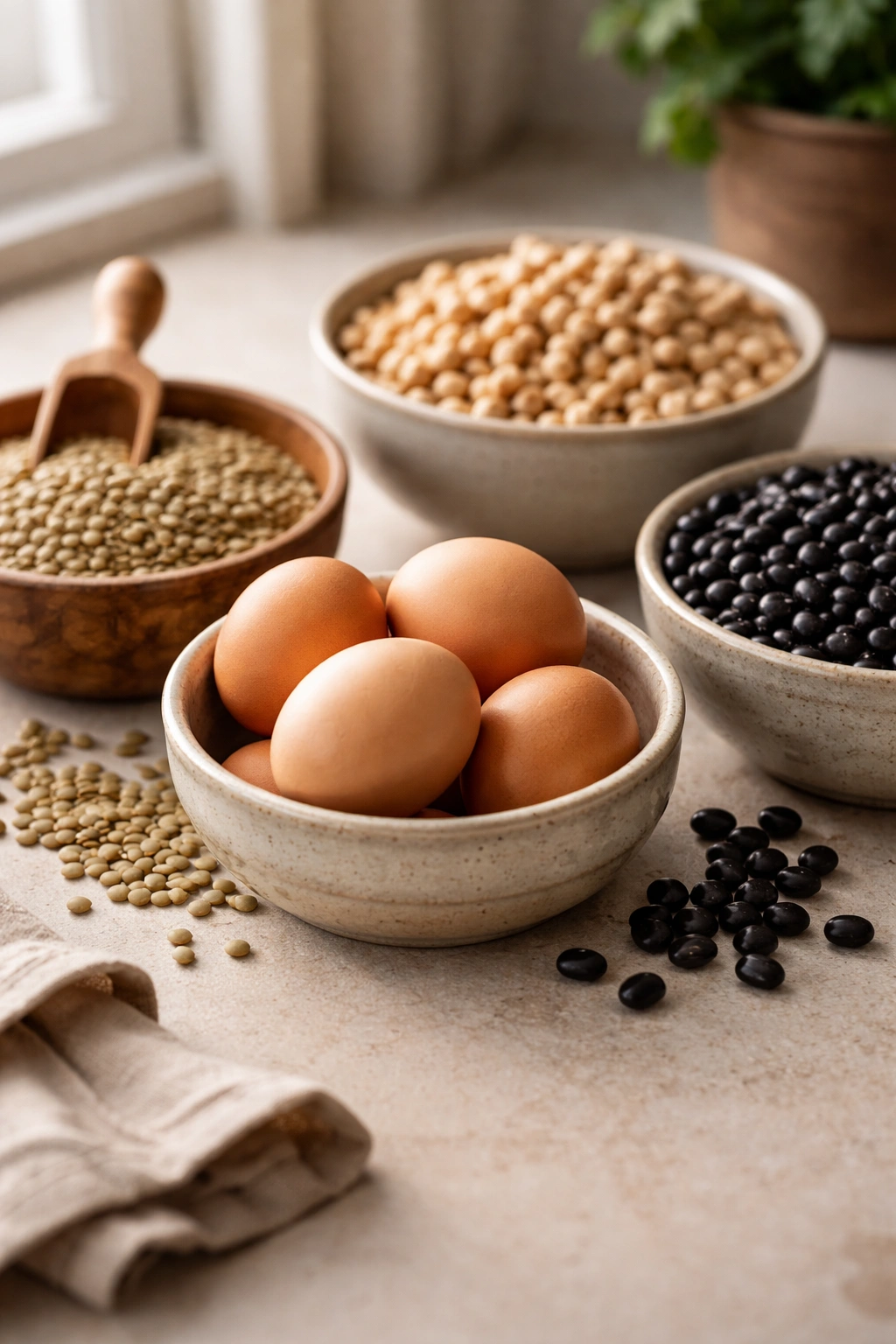 Eggs and legumes arranged on a kitchen counter to highlight affordable protein sources