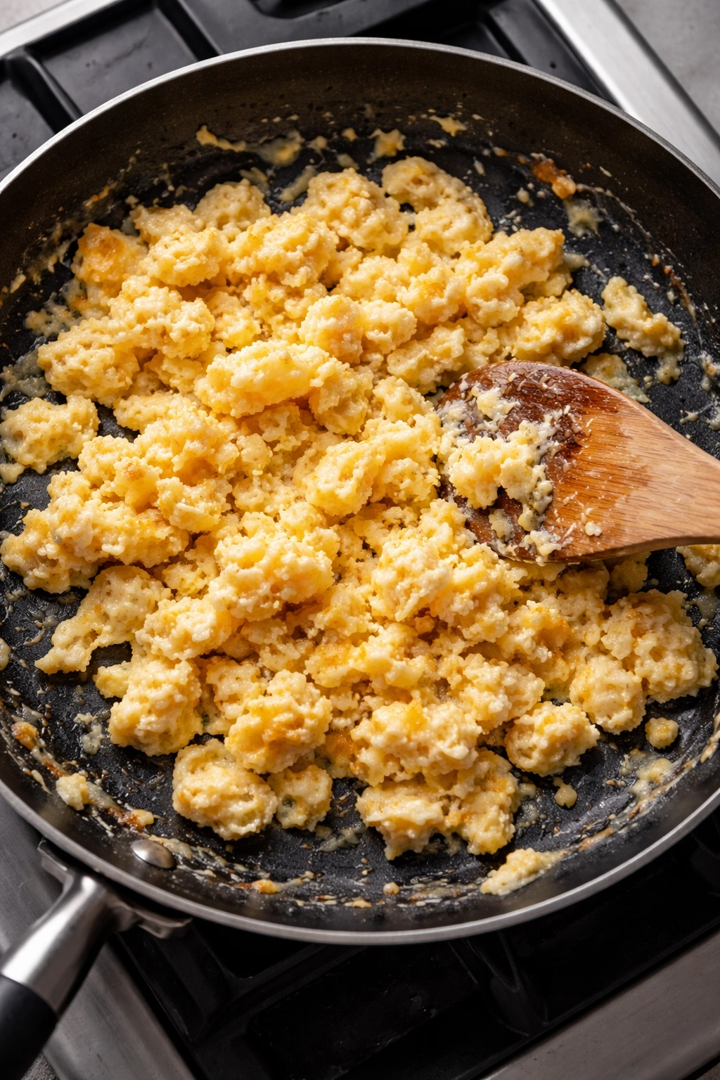 Rubbery scrambled eggs in a pan illustrating common cooking mistakes