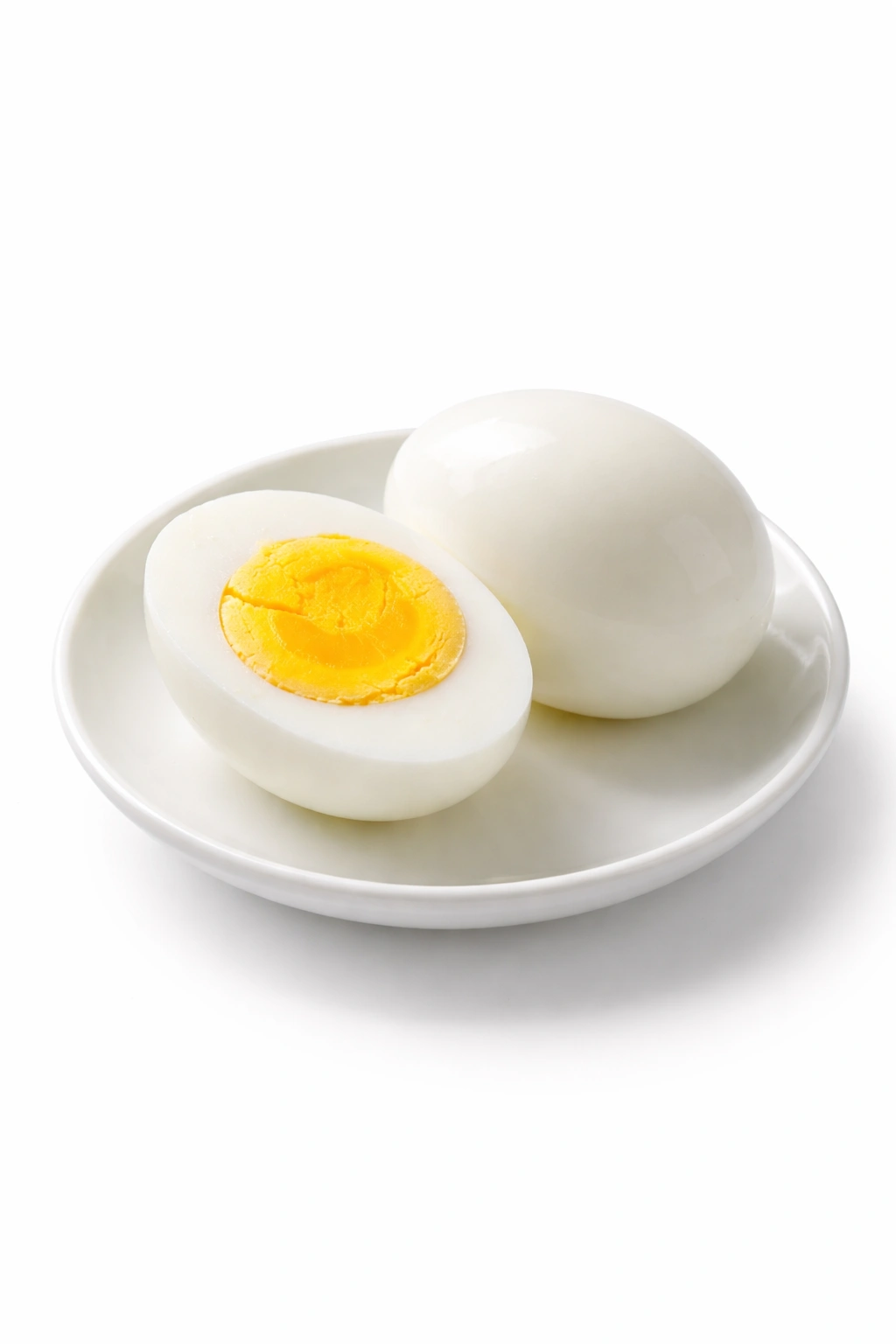 Two peeled hard-boiled eggs on a clean plate