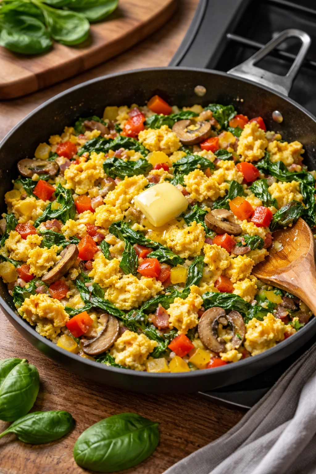Eggs and vegetable scramble in skillet with colorful veggies