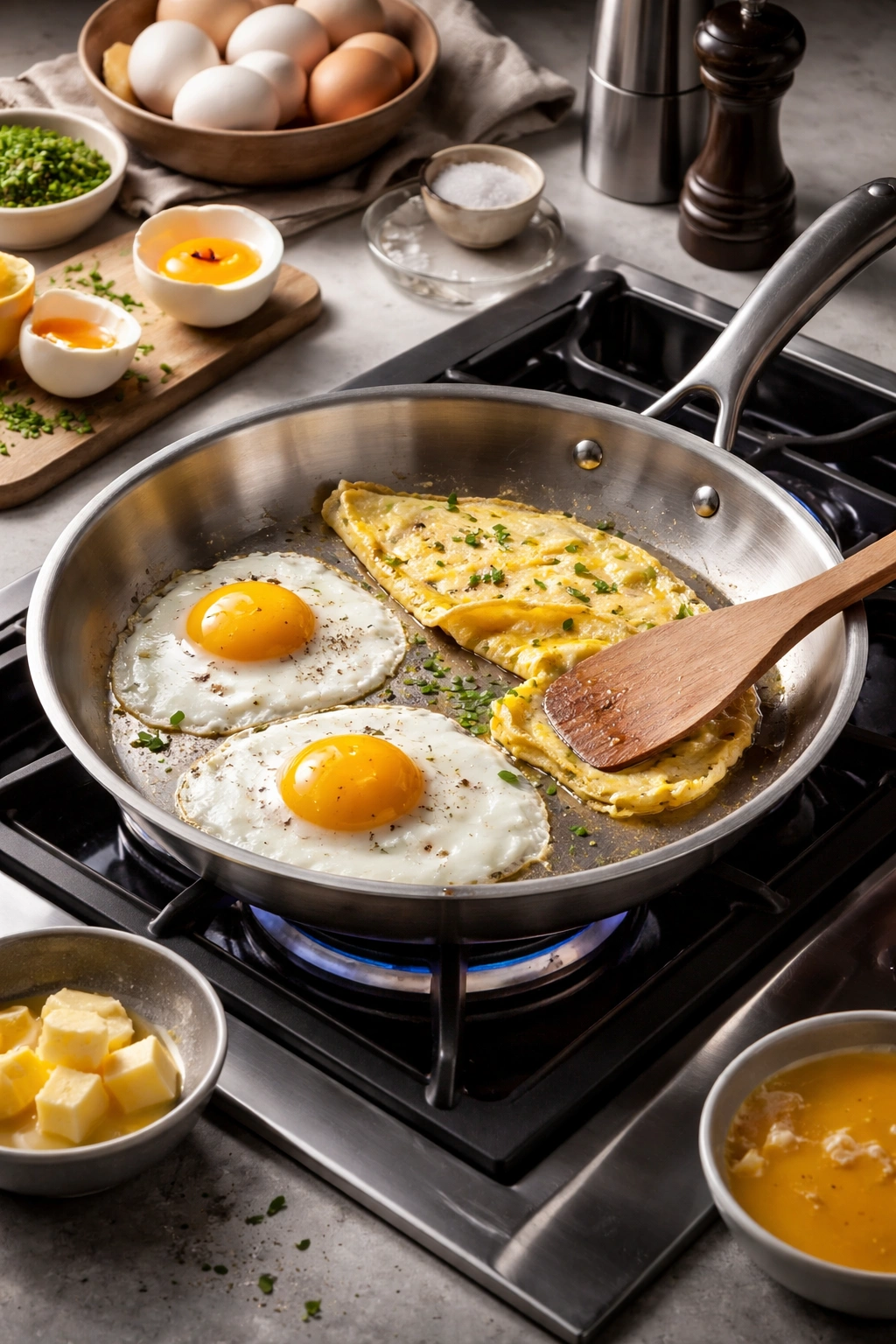 Frying pan with eggs cooking in a professional kitchen