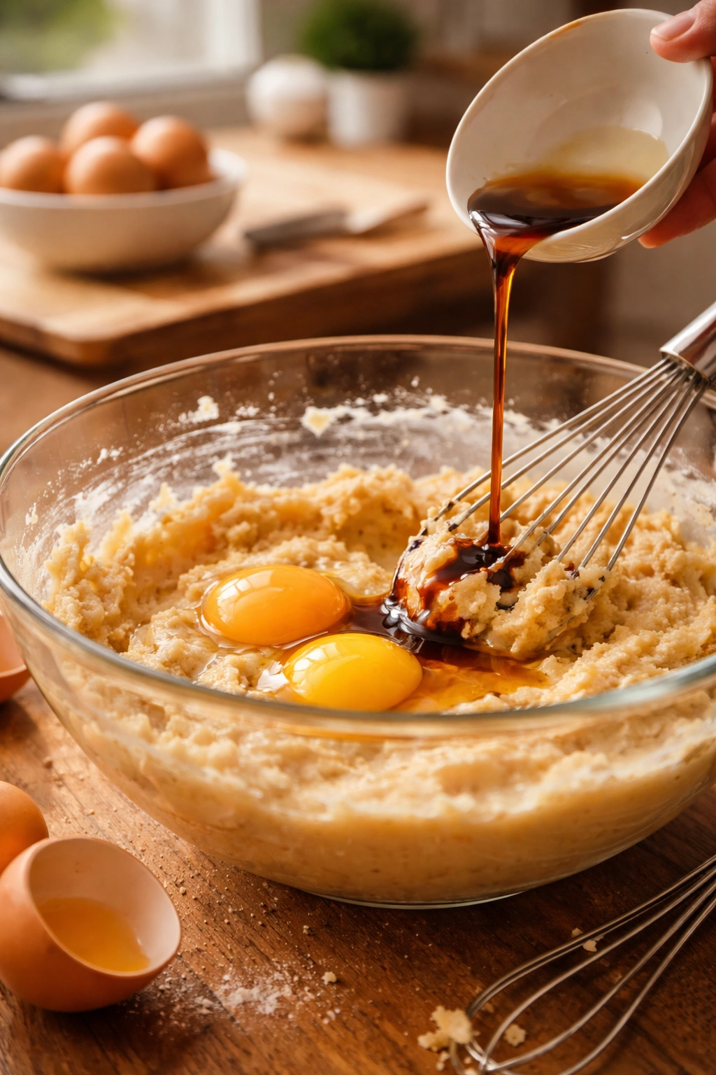 Eggs and vanilla being added to cookie dough in a mixing bowl